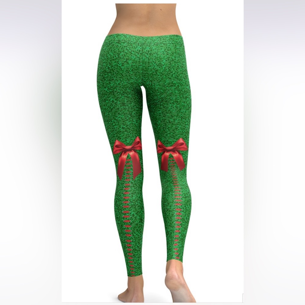 Festive Green Bow-Accent Leggings